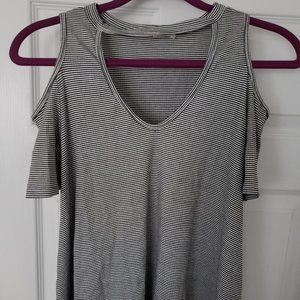 Black and White Striped Cold Shoulder Short Sleeve Shirt - Medium